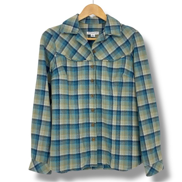 Pendleton Turquoise Blue Plaid 100% Virgin Wool Button-Up Shirt Wms sz Medium - Picture 1 of 12
